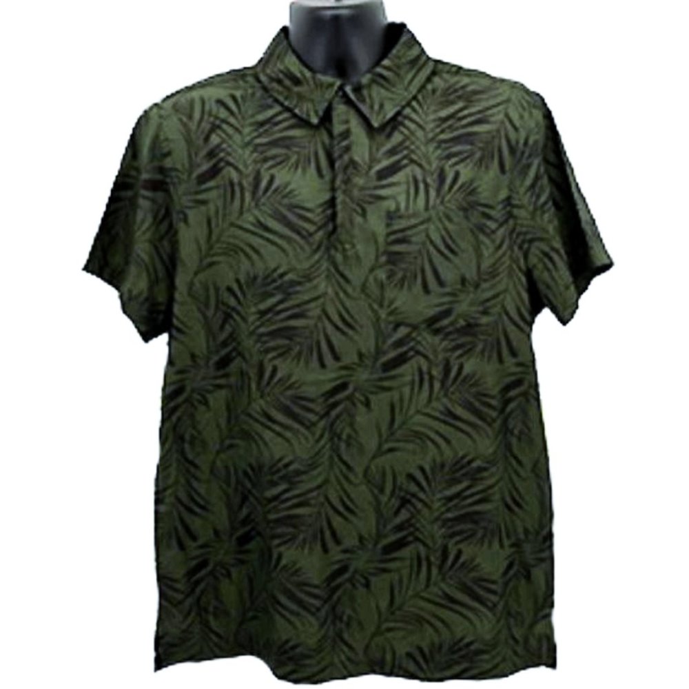 Men's Stretch Woven Golf Polo Shirt Palm Print Dark Green New With Tags